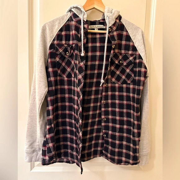 Plaid Button Down Shirt with Hoodie - Picture 2 of 5
